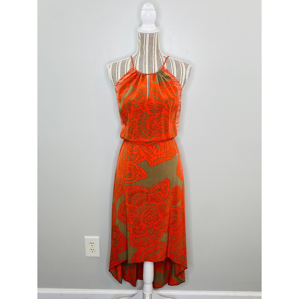 Beth Bowley Floral Silk High Low Dress Sz 6 Mixed Media Art to Wear Resort Luxe